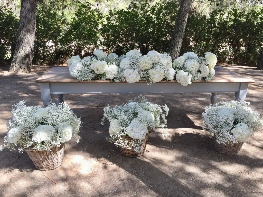 Cestos de paniculata y hortensias blancas para decorar una ceremonia